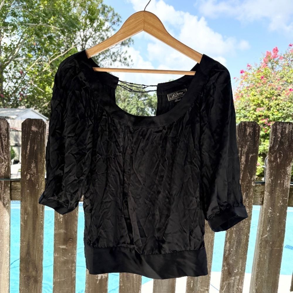 Y2K Guess Silk Blouse Beaded Open‎ Back Y74K7207, Womens M Black